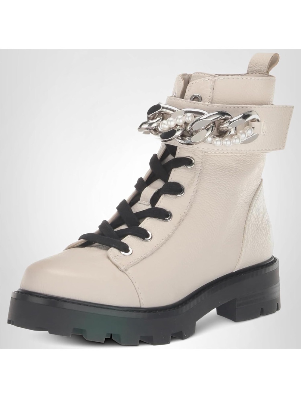 Karl Lagerfeld Leather Pearl-Chain Combat Boot - Cream